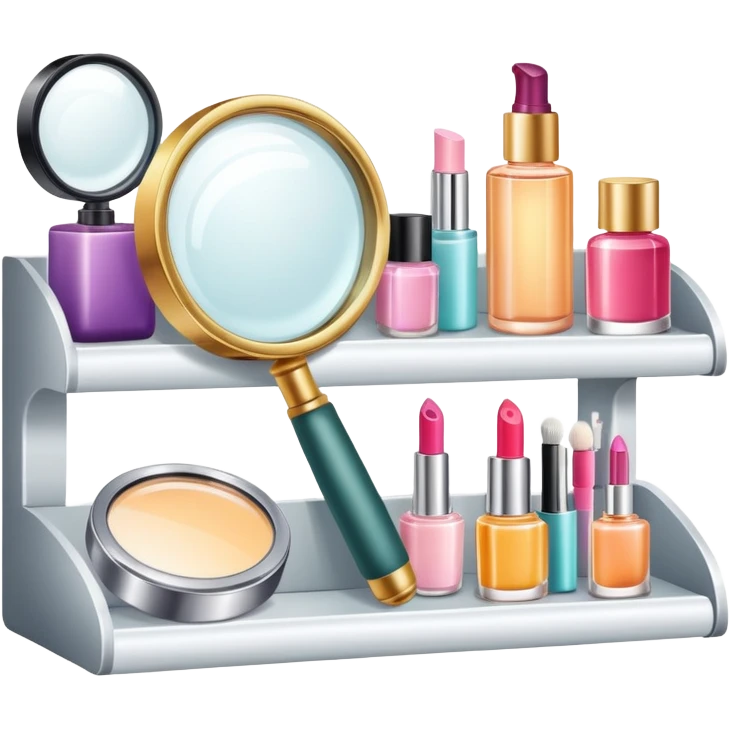 magnifying glass over beauty product shelf, searching for last item emoji