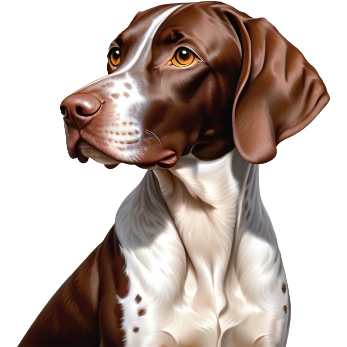 Cinematic German Pointer Portrait Emoji, Elegant and alert, sleek brown and white tones, Simplified yet sharp features, highly detailed, glowing with a warm, confident glow, high shine, intelligent and poised, stylized with an air of grace, focused and attentive, soft glowing outline, capturing the essence of agility and loyalty, so lifelike it feels as though it could spring into motion at any moment! emoji