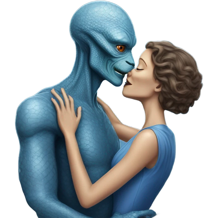 White man in blue dress  hugs and kissing Alien reptilian woman in silver dress  emoji