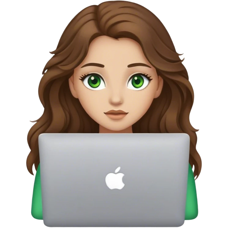 chica de ojos verdes con pelo marrón largo y ondulado, usando una  macbook emoji