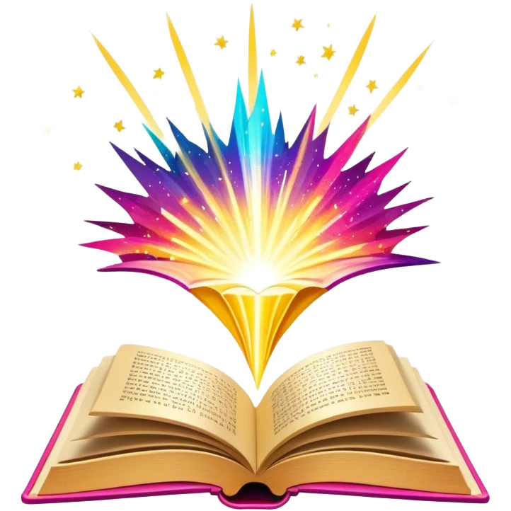 Un libro con un aura de colores vibrantes, con destellos dorados flotando a su alrededor,  un rayo de luz atravesándolo, simbolizando la explosión de creatividad sin miedo.  emoji