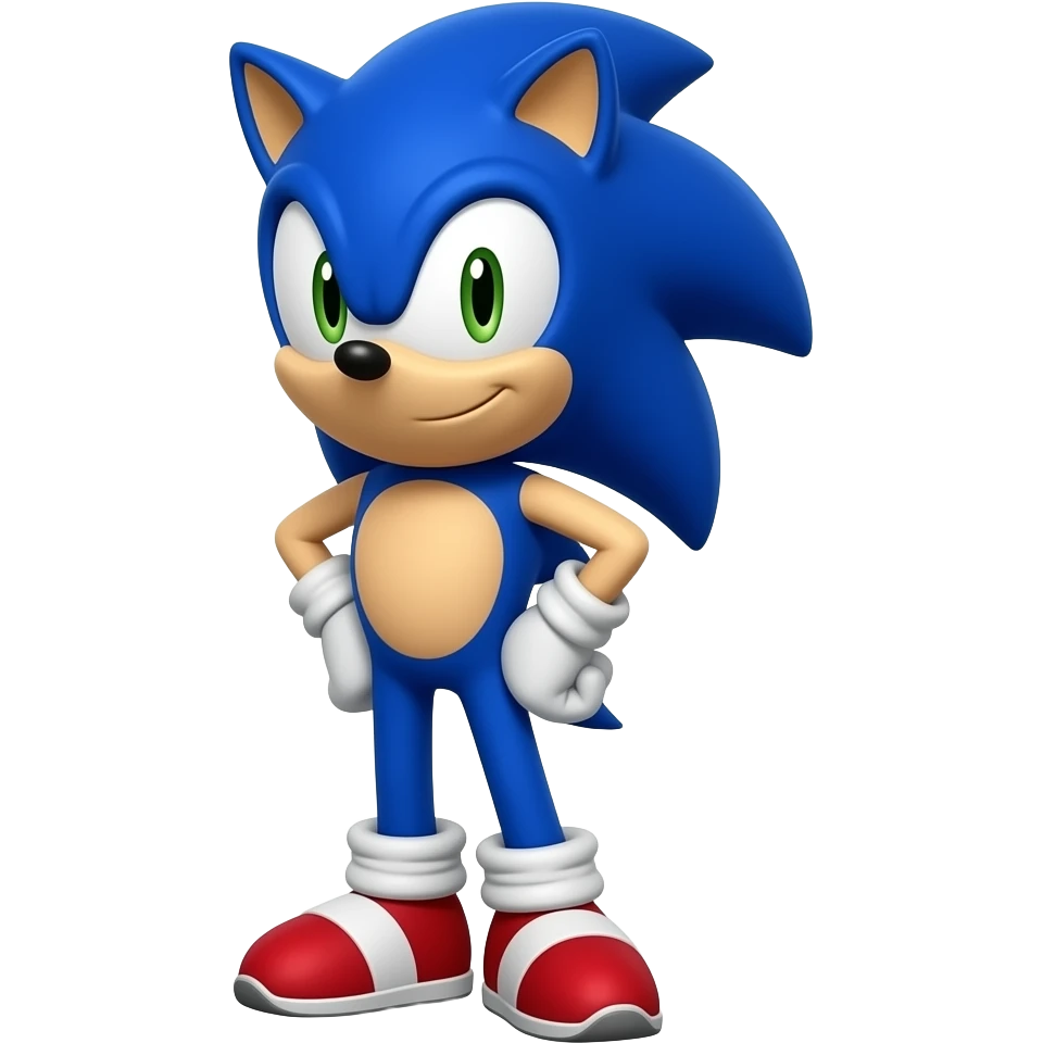 Fast blue hedgehog character with iconic spiky hair, red sneakers, confident smile, glossy 3D emoji render emoji