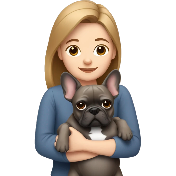 light brown hair woman hugging a dark gray french bulldog emoji