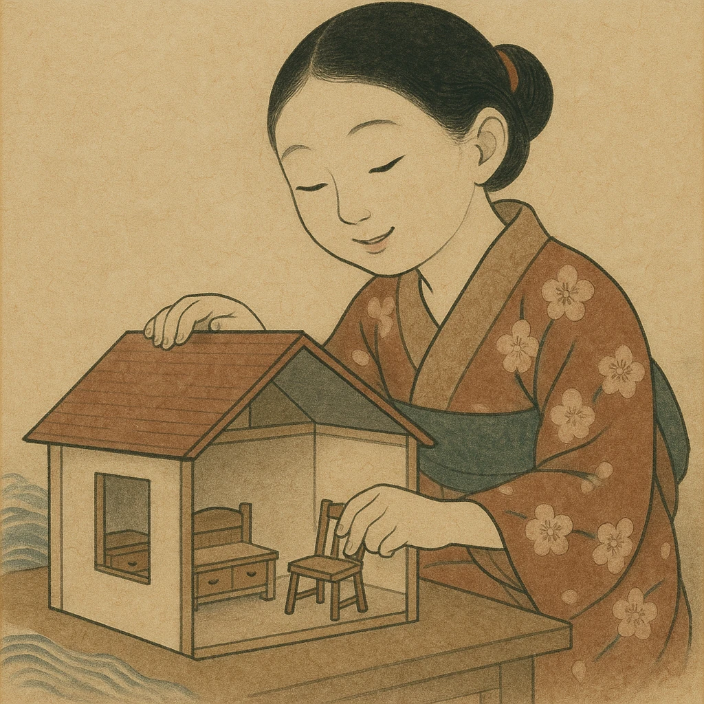 smiling girl arranging furniture in doll house emoji
