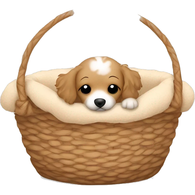 Little cute havapoo is sleeping in a beige soft dog basket emoji