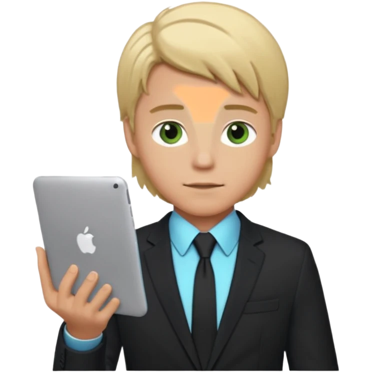 a young boy of about 20 with blond hair that is medium length, he is dressed in suit with tie and jacket, tie blue jacket black, in his hands he has a gray macbook, and black iphone. green-brown eyes emoji
