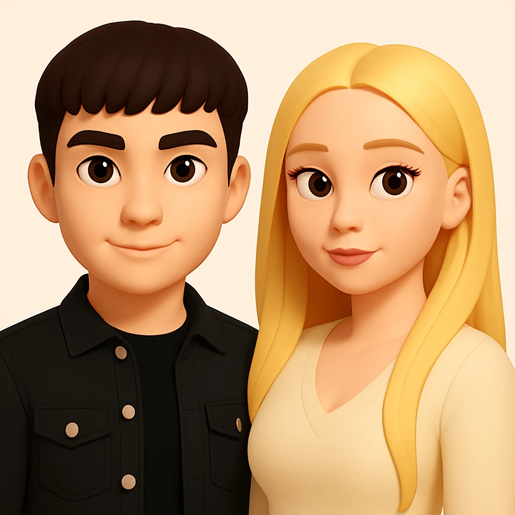 Slightly increase the volume of the upper body of the girl, separate the girl and the boy from each other, and make the skin color the same for both characters. Maintain the cartoon style and keep a clean background. emoji