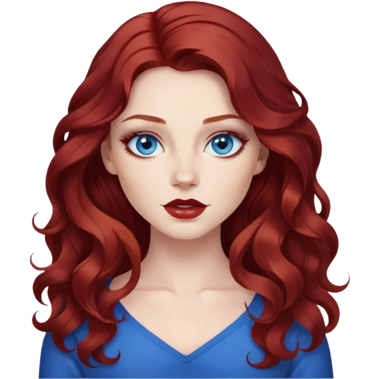 pretty baddie, dark res wavy hair, pale skin, long hair, blue eyes, makeup emoji