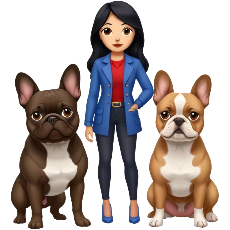 latin woman with long black hair standing alongside two French bulldogs  emoji