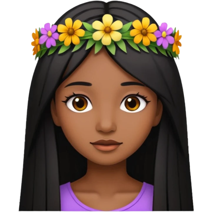 ["Deep brown skin female, long straight black hair, wearing a multicolored wildflower crown."] emoji