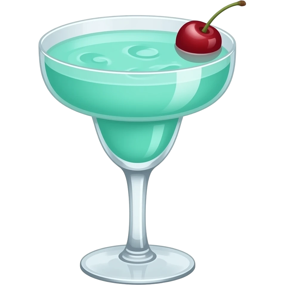 #A0F4F4 color cocktail in margarita glass with a single small cherry on top, cleann and calm surface with no splashes emoji