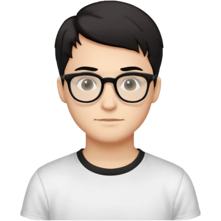 Style anchor + Young adult male American, light-medium skin, short black hair, white crew-neck tee, thin black-rim glasses, friendly neutral. emoji