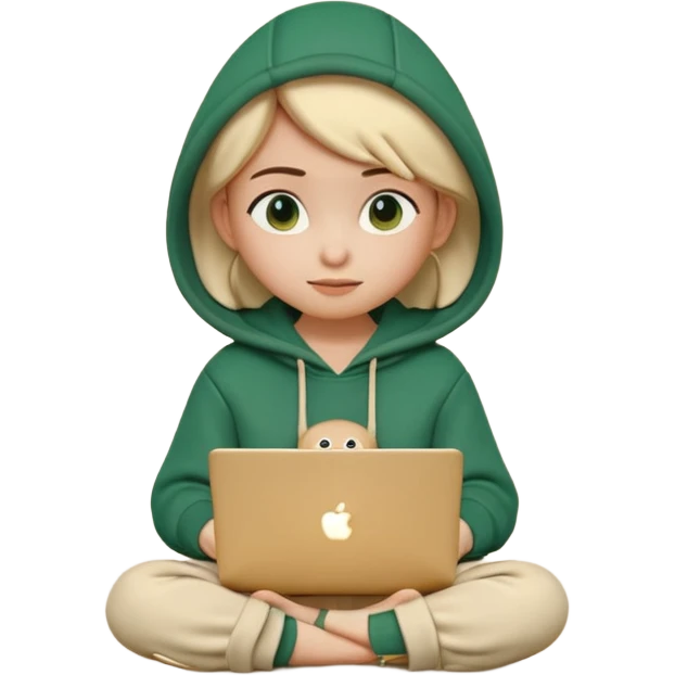3D clay render character sitting with laptop, rounded cute design, deep green (#0B3D2C) hoodie, cream laptop, gold accents, Pixar style, transparent background emoji