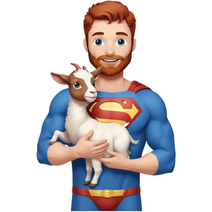Full body Adult Superman Blue Eyes Scruffy Redish hair and redish trimmed Beard Muscle happy holding a blue happy baby goat emoji