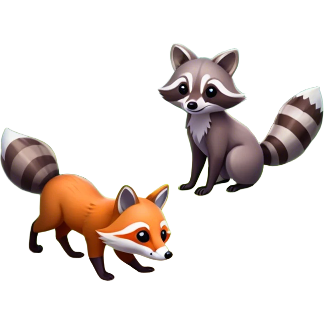 raccoon and a fox among a colorful forest with vibrant green trees, bushes and flowers. The animals are in the foreground, surrounded by a lush, bright forest, with soft sunlight filtering through the leaves. A playful photo-realistic and wild scene with a transparent background. emoji