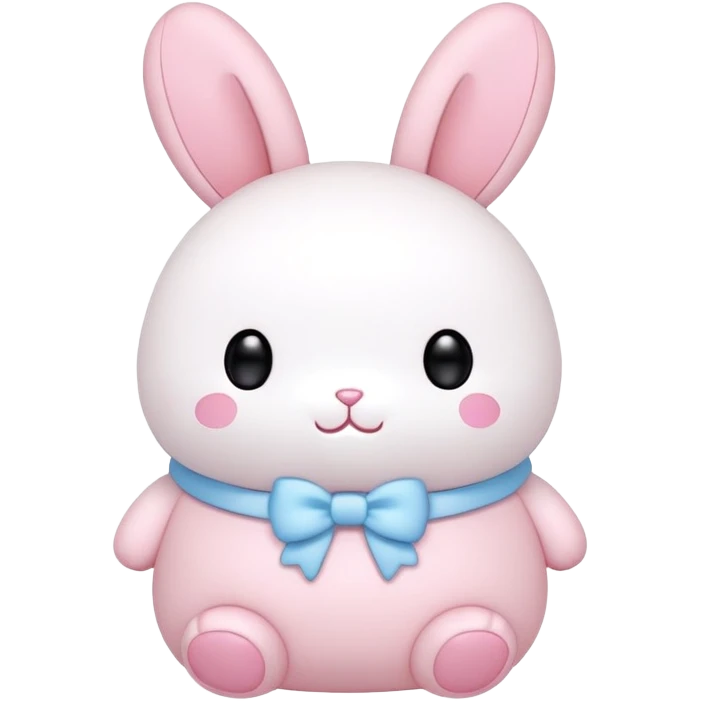 A fat bunny in authentic Sanrio style exactly like Hello Kitty and My Melody, super simplified features, extremely kawaii, tiny body with oversized head, minimal dot eyes, no nose, tiny simple mouth, pastel pink and baby blue colors, clean bold black outlines emoji