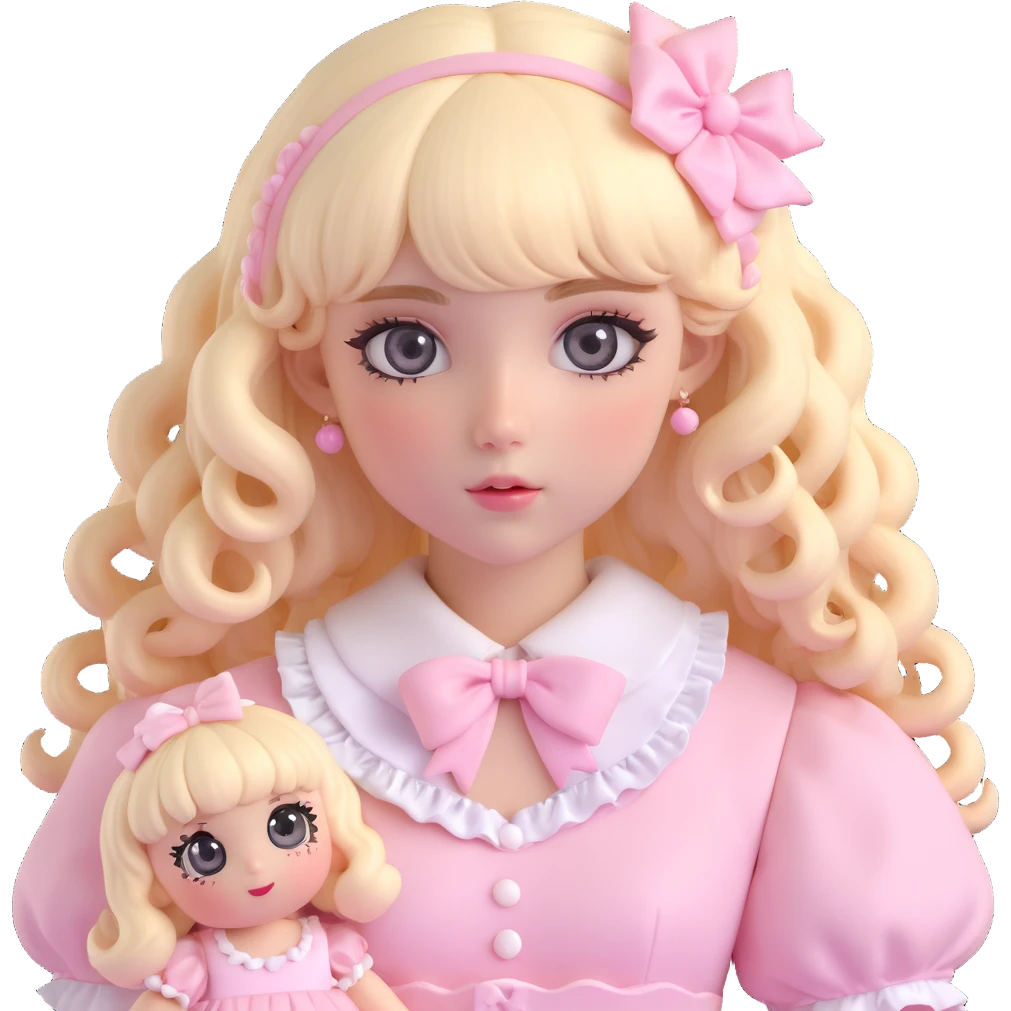 pale girl , who has curly medium length blonde and baby pink swirled hair with bangs , grey eyes , and doll like makeup , in a light pink lolita hime gyaru dress  emoji