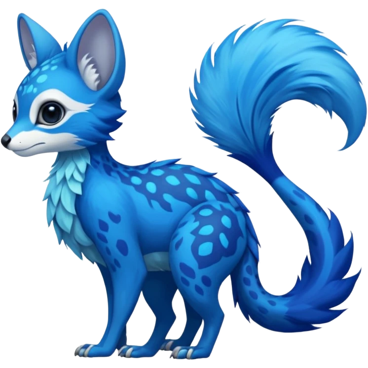 Feral Rare Fantasy vibrant tropical cobalt-blue and cyan Vernid-Trico-species-creature by LiLaiRa, random markings, tufted tail, tufted ears, full body emoji