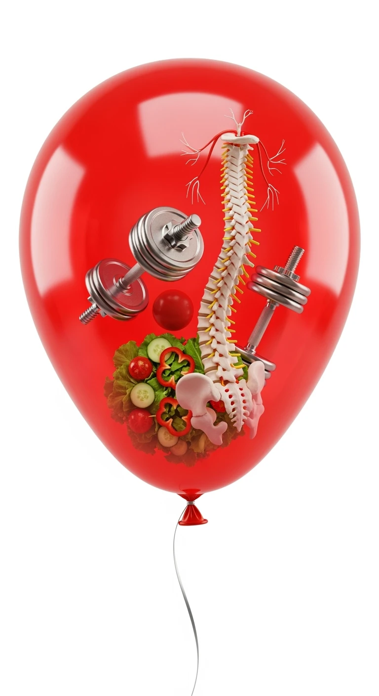 palloncino rosso con all'interno insalata, manubri da palestra e una spina dorsale anatomica realistica in 3d, isolato su sfondo bianco emoji