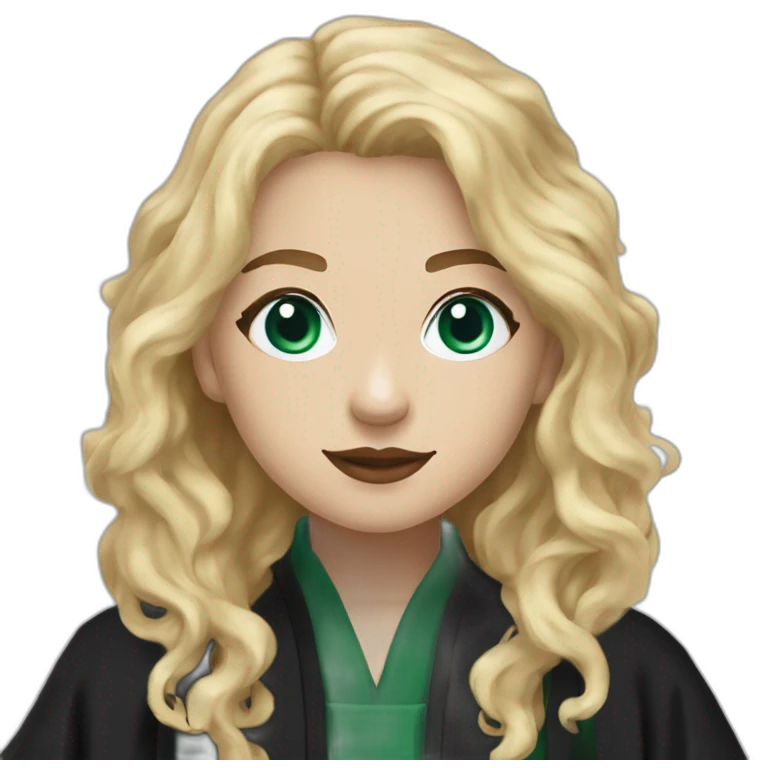 Girl Blue eyes black Slytherin robes with short wavy ash blonde hair eating chips and cheese hogwarts robe emoji