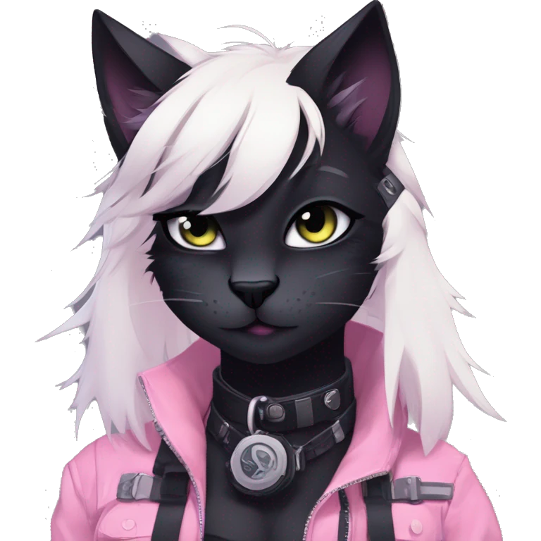 Gorgeous furry dark cyberpunk techwear anime style anthro black cat fursona with blushing face aesthetic and pretty edgy black with collar and harness trending style emoji