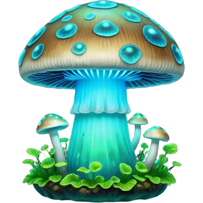3D render of Glowing Mushroom, bioluminescent deep sea style, glowing neon blue and green lights, dark background to contrast the glow, translucent organic textures. emoji
