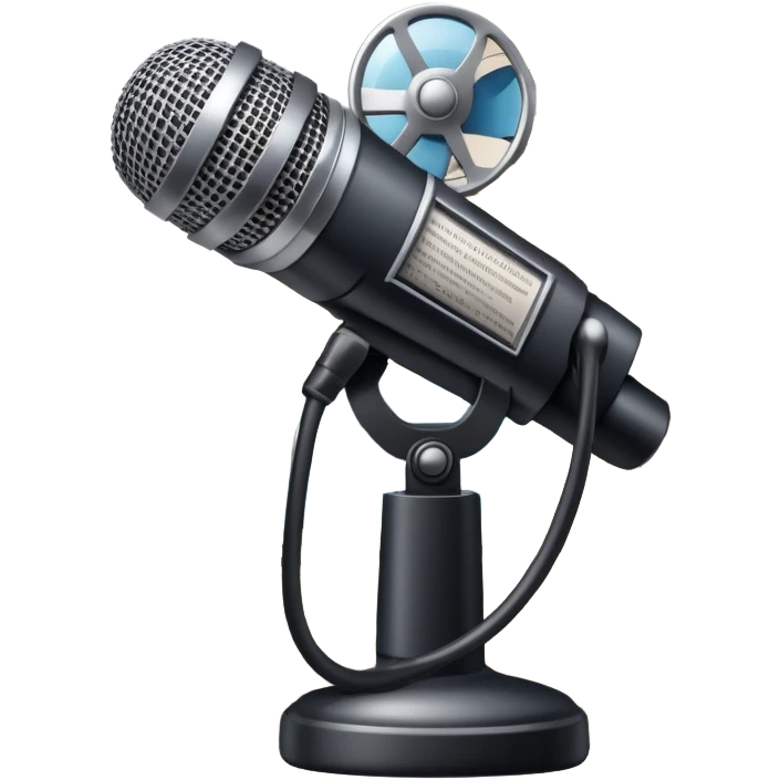 An icon featuring a microphone, a newspaper, a professional camera, representing journalism and mass media. The design includes headlines and imagery, symbolizing the spread of news and information. Transparent background highlights the power of communication and media. emoji