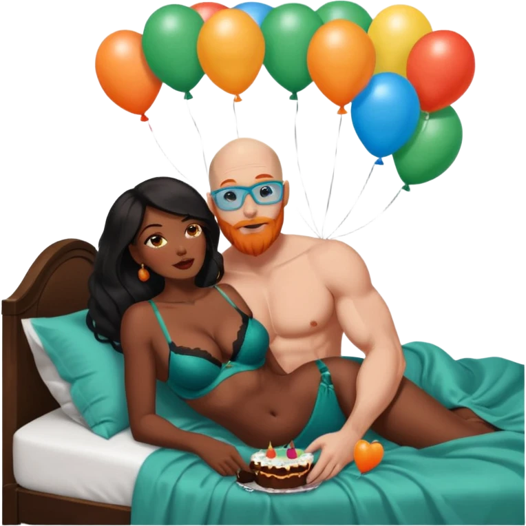Muscular Bald white male has a orange beard, blue eyes kissing curvy voluptuous African American dark brown woman wearing long black hair and dark green lingerie

Laying in bed with chocolate birthday cake and balloons  emoji