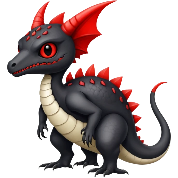 a white exotic edgy vernid-fionbr-Fakémon-creature, with black belly and red eyes, full body emoji