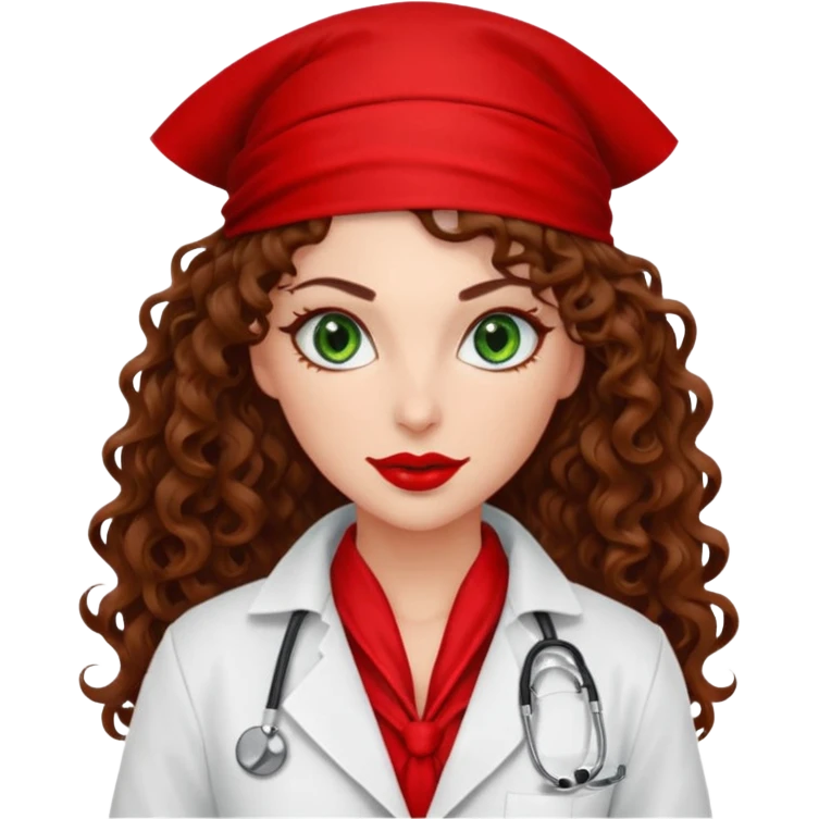 Spanish sexy evil woman. She has green eyes.  had brown long curly hair.  evil surgeon kills with needle wears red sexy doctor coat with red mouth bandana red gloves.  emoji