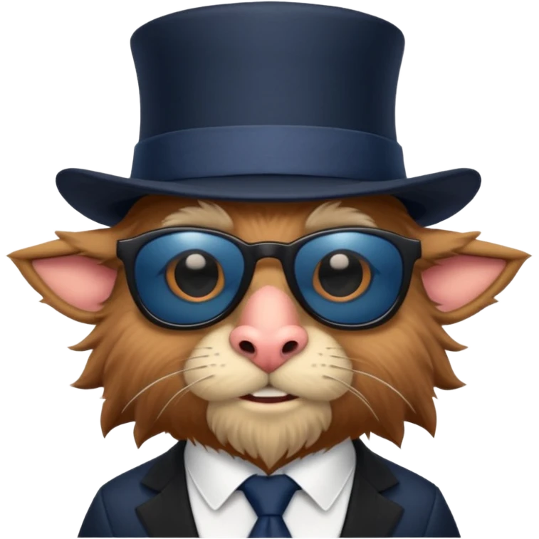 furry brown dwarf creature with a big nose and wears dark sunglasses, a black top hat, and navy blue tie. emoji