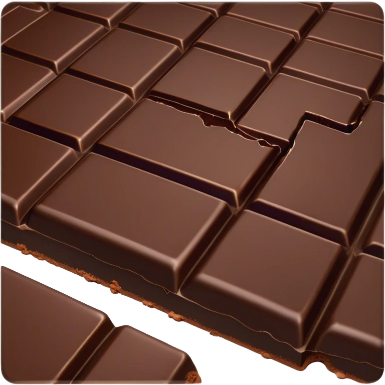 Cinematic silky dark chocolate bar, broken into perfect squares, rich cocoa tones, slightly melting edges, fine texture and decadent shine, warm golden highlights, tempting and rich. emoji