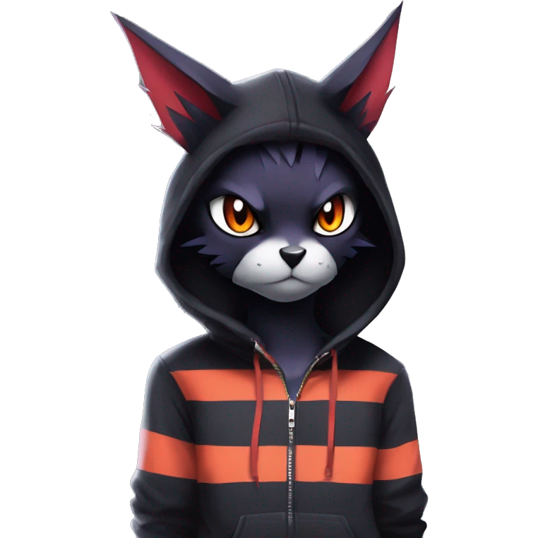 Cool Anthro Black Noibat-Quilava-Litten-Pokémon with edgy stripes hoodie spiked collar punk Full Body emoji