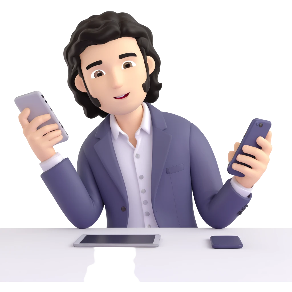 Business strategist with black wavy hair, stubble, chiseled face, wearing blazer and button-up shirt, working on digital devices, surrounded by data visualizations and AI technology, innovative tech-savvy expression emoji