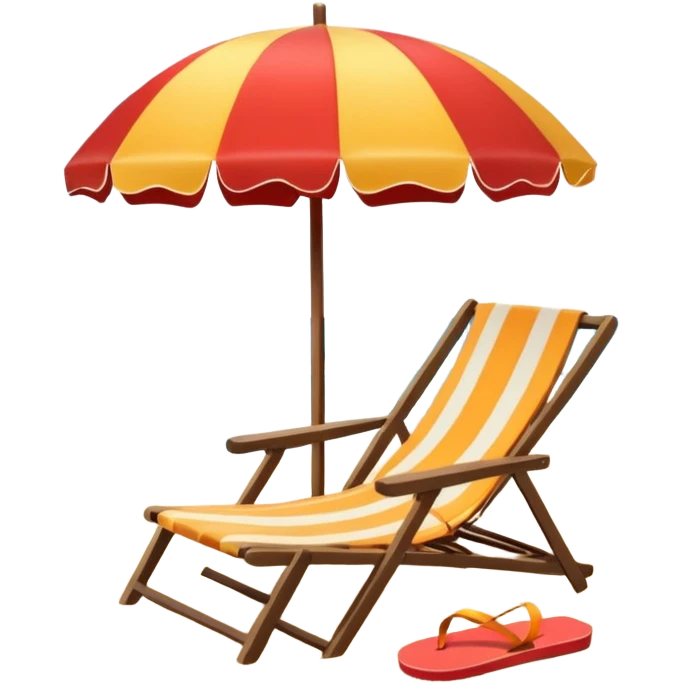Icon for Beach Tourism: a sunny beach with the sea and waves, a lounge chair, a sun umbrella, and flip-flops on the sandy shore. The background should be a clear, vibrant ocean view with the sun shining brightly. Transparent background. emoji