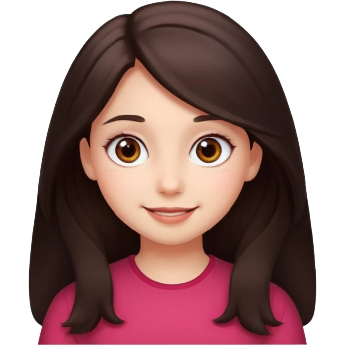 An emoji featuring a girl with dark brown long hair, brown big eyes, light pinkish skin, red cheeks,  emoji