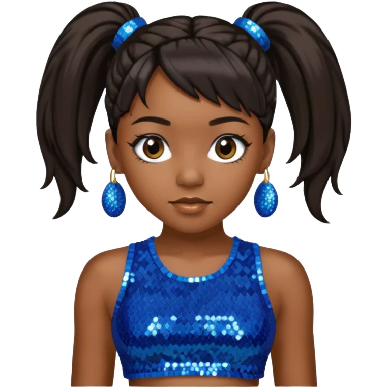 Left Eye from TLC with long dark brown ponytail hair, blue sequin crop top and pants emoji