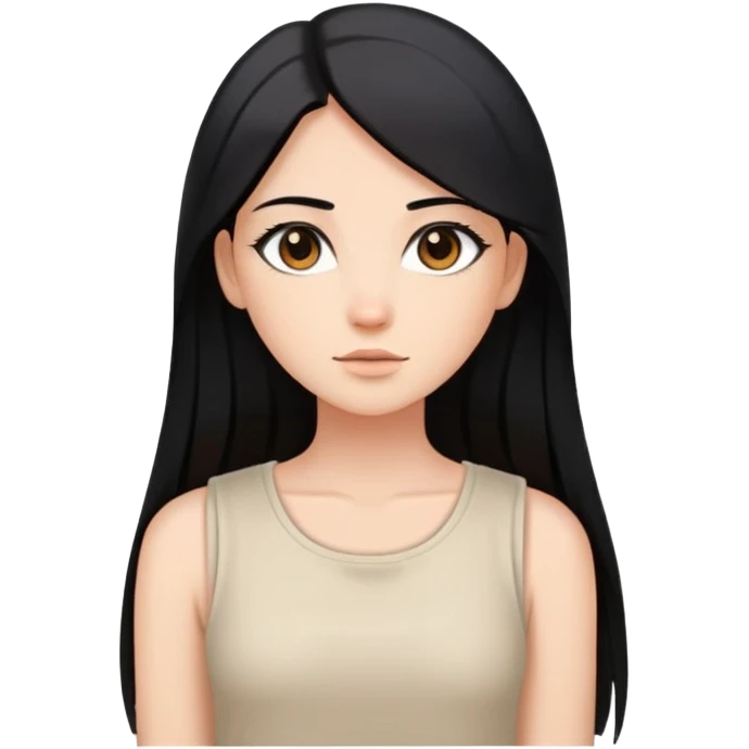 Female with straight long black hair parted in middle, beige skin, big brown eyes, natural makeup, white sleeveless top emoji
