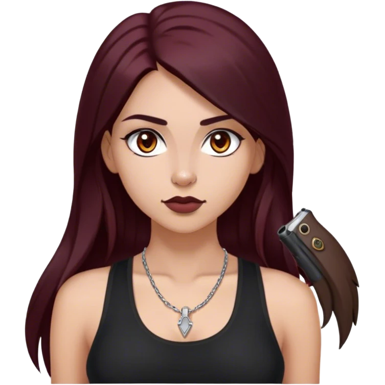 emoji of girl with two black glocks in hands with a black tank top gorgeous girl y2k with maroon dark long hair in a middle part with straight nose hazel eyes medium perfect eye brows with  a nose ring silver on the right nostril  emoji