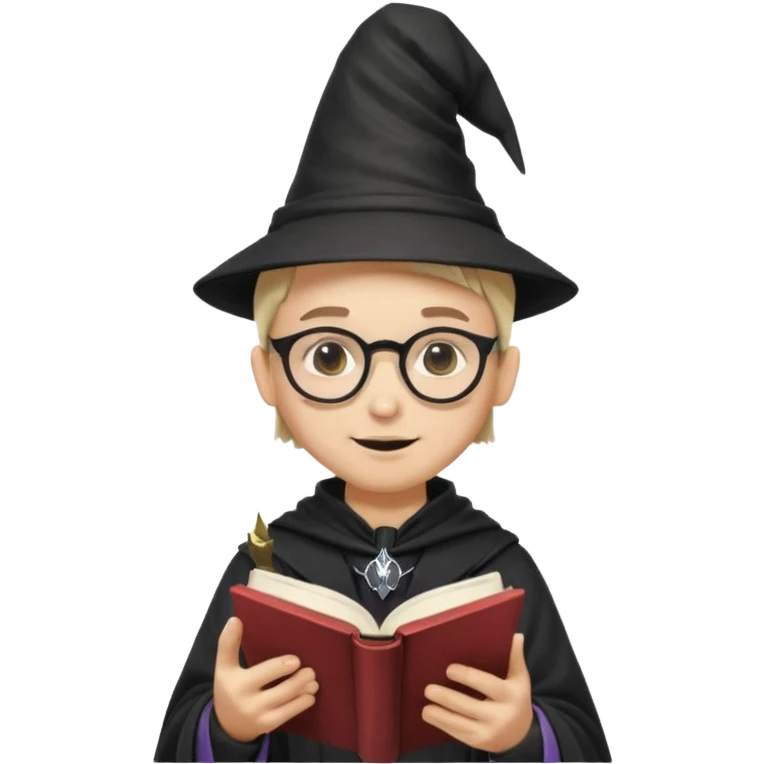 ["A happy boy with light skin, ponytail, wearing a wizard hat and square glasses, dressed in goth fashion, is reading a book while holding a phone."] emoji