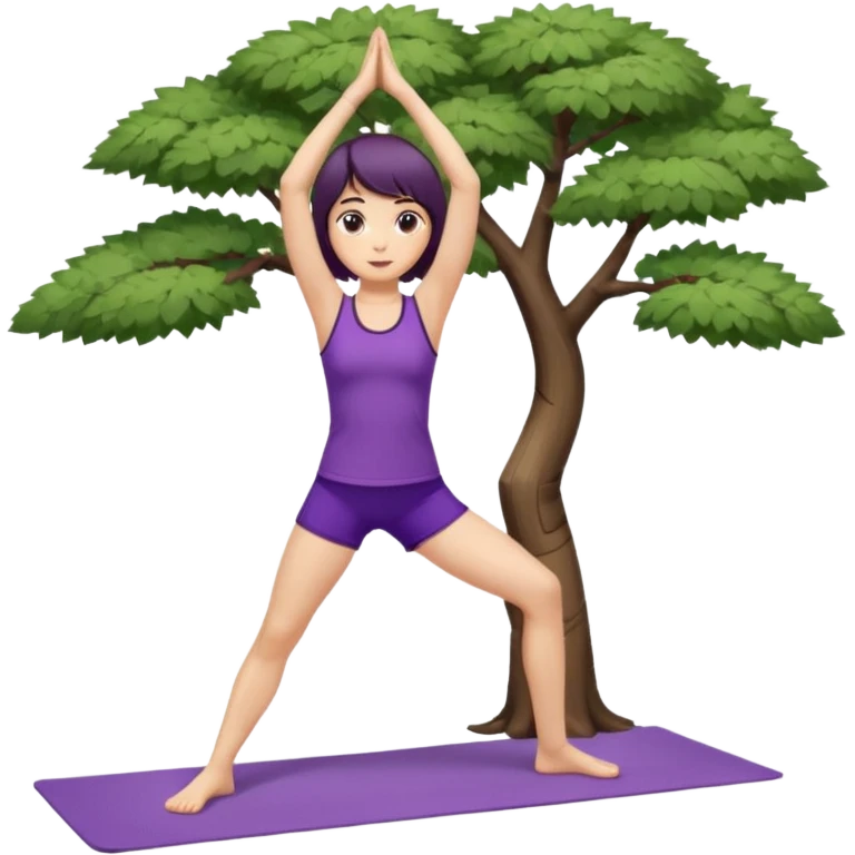 Девушка с короткими волосами до плеч русого цвета, пробор по посередине головы есть чёлка, с черными бровями, карие глаза, у неё фиолетовый спортивный костюм с майкой и шортами, она занимается йогой в позе дерева emoji