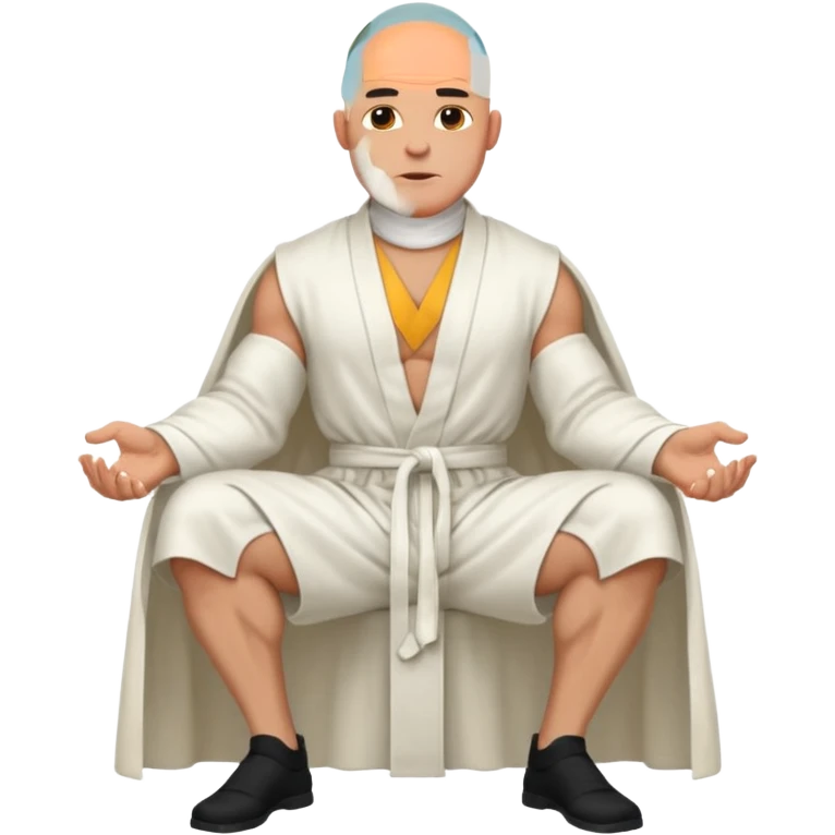 fullbody jacked bald guy, sleeveless and unbuttoned in full white robe sitting emoji