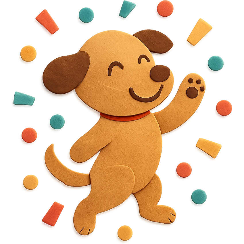 puppy jumping in confetti with paw up, paper-craft style emoji