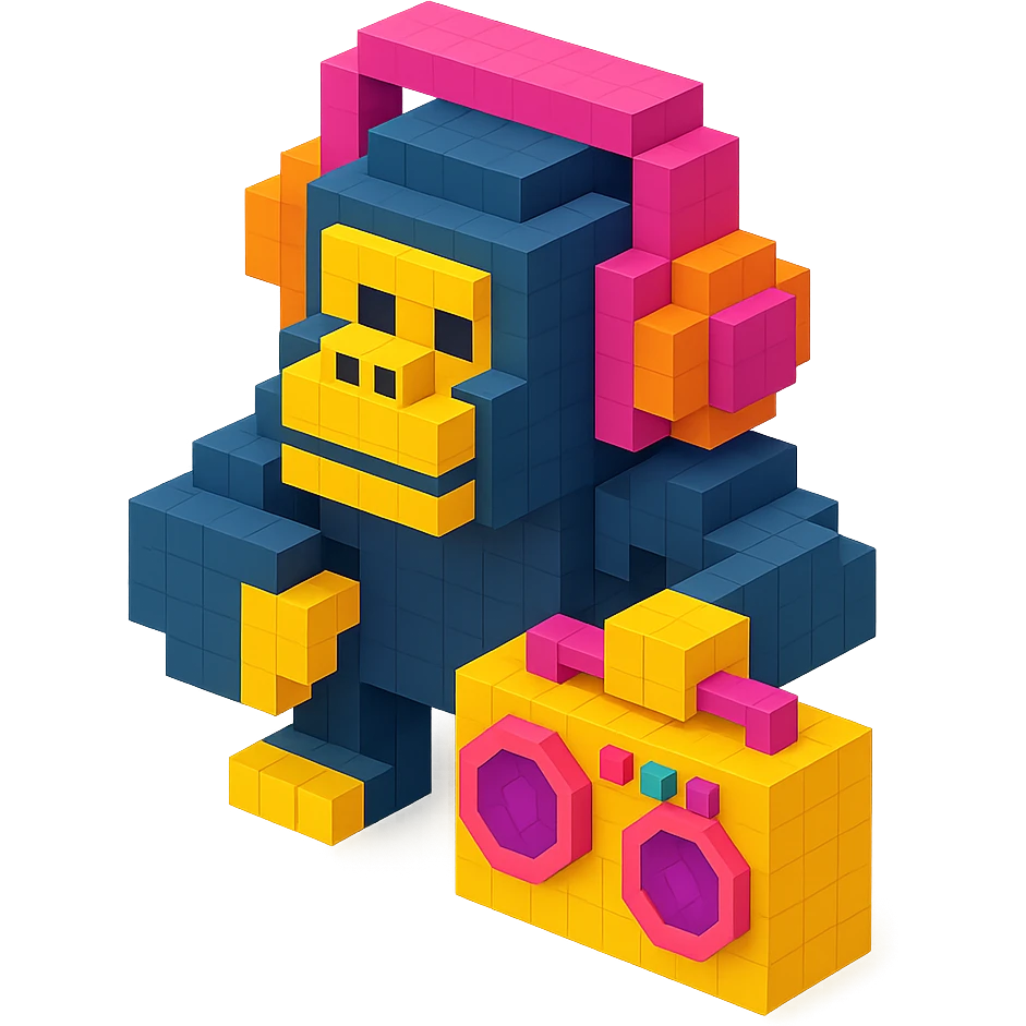 voxel style gorilla with headphones, holding a boombox, isometric view emoji