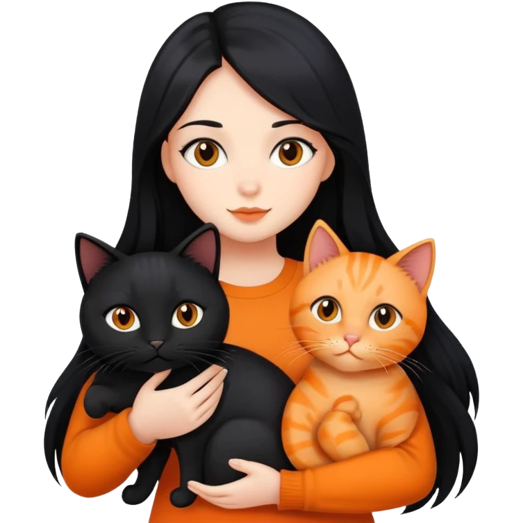 A girl with long black hair is holding a black cat, an orange cat, and a black cat emoji