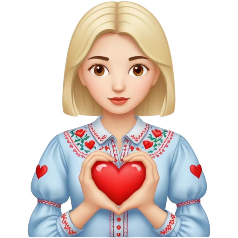 A Ukrainian woman in an embroidered shirt holds a heart in her hands emoji