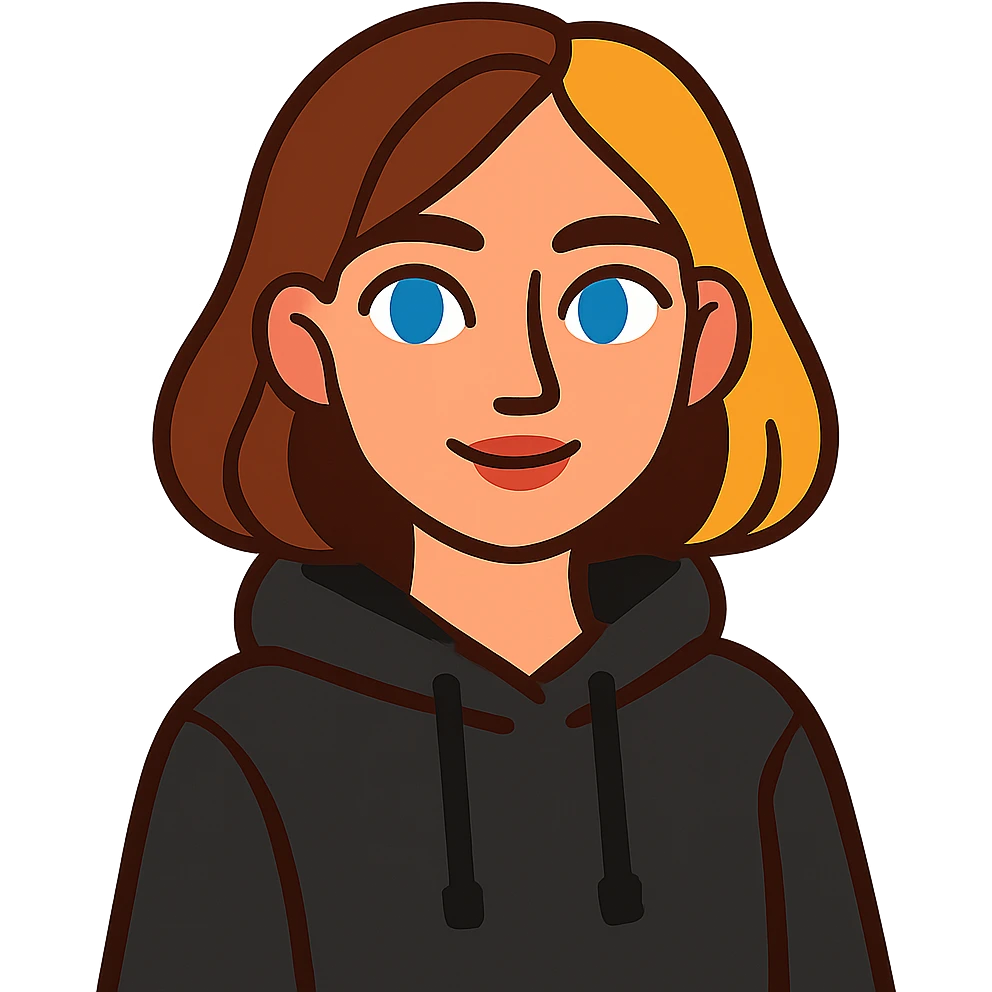 designer girl with blue eyes, brown and blonde hair to shoulders, black hoodie emoji