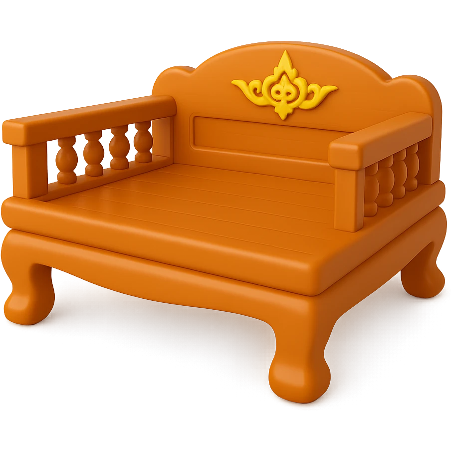 Remove the background to make it transparent and extend the seat to make the wooden bed longer. Maintain the 3D emoji style and Thai art details in the design. The style is inspired by 3D emoji with intricate Thai art elements. emoji