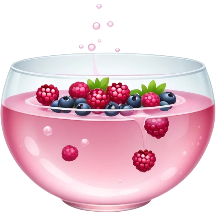 A clear glass bowl filled with bubbly light pink liquid with chunks of various berries floating in it emoji