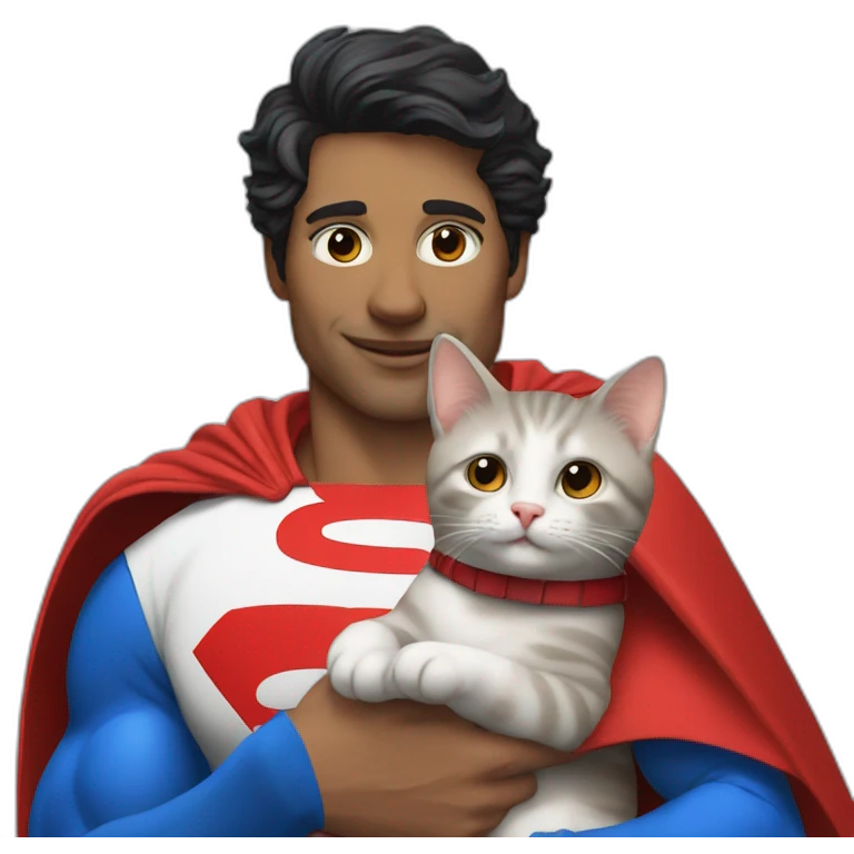 Cat holding luis lane and in a costume of super man emoji